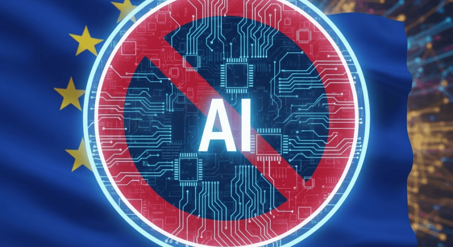 A no-entry sign with circuit patterns and text "SENS INTERDIT AI" over a European Union flag.