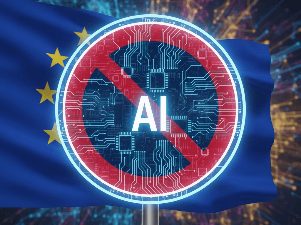 A no-entry sign with circuit patterns and text "SENS INTERDIT AI" over a European Union flag.
