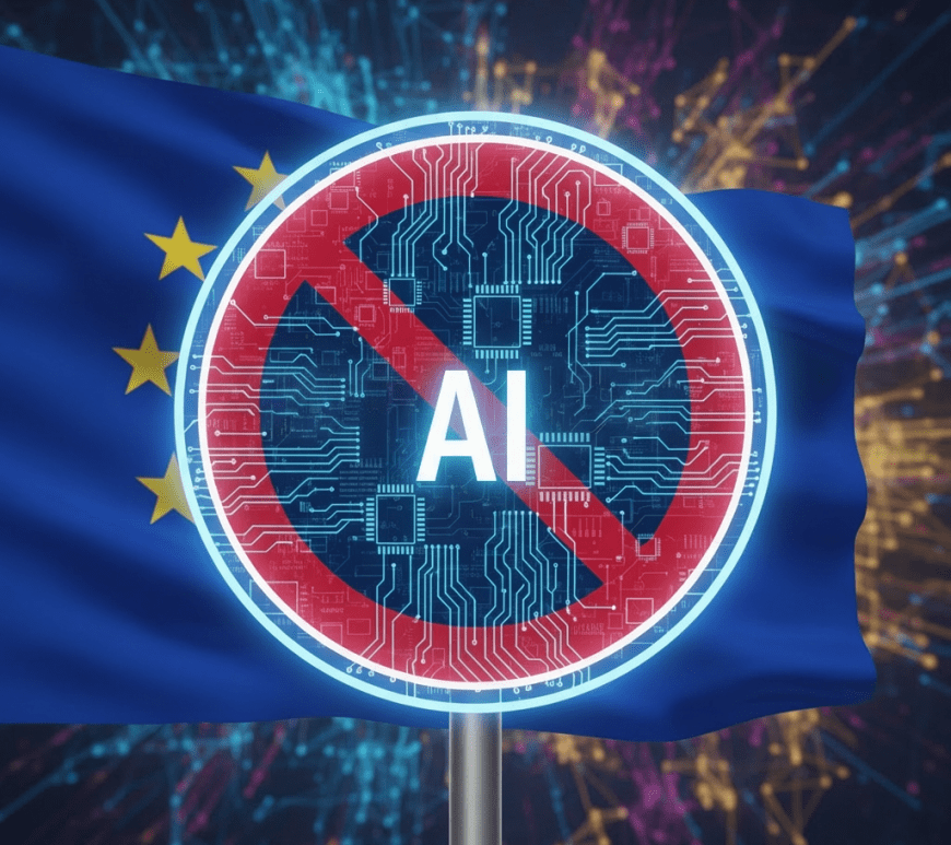 A no-entry sign with circuit patterns and text "SENS INTERDIT AI" over a European Union flag.