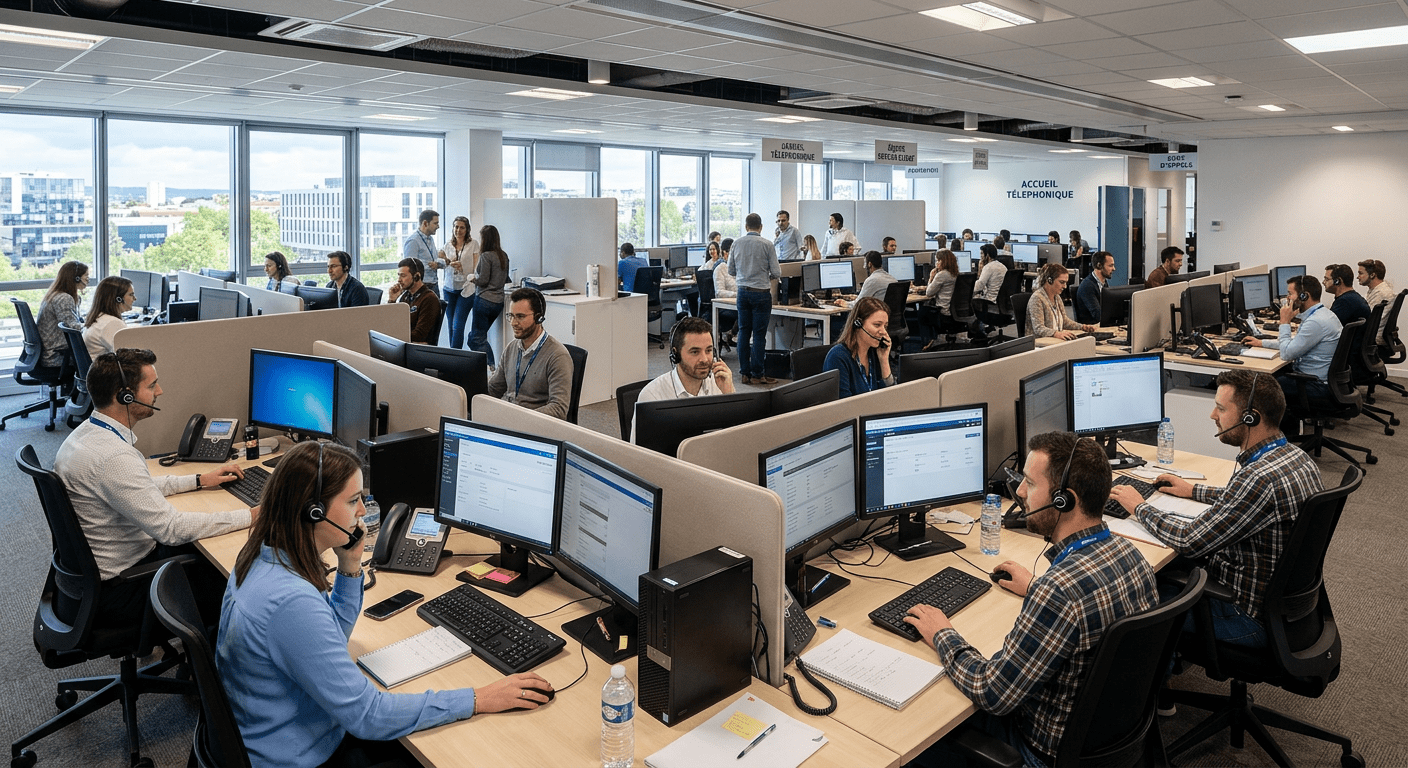Call center employees wearing headsets working at computer desks in an open office