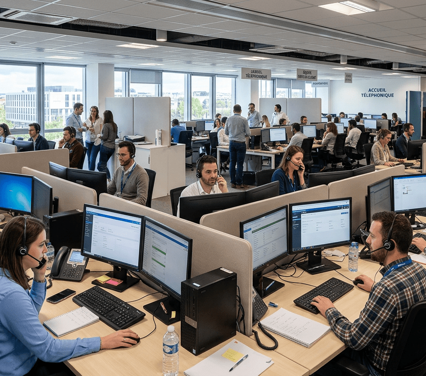 Call center employees wearing headsets working at computer desks in an open office