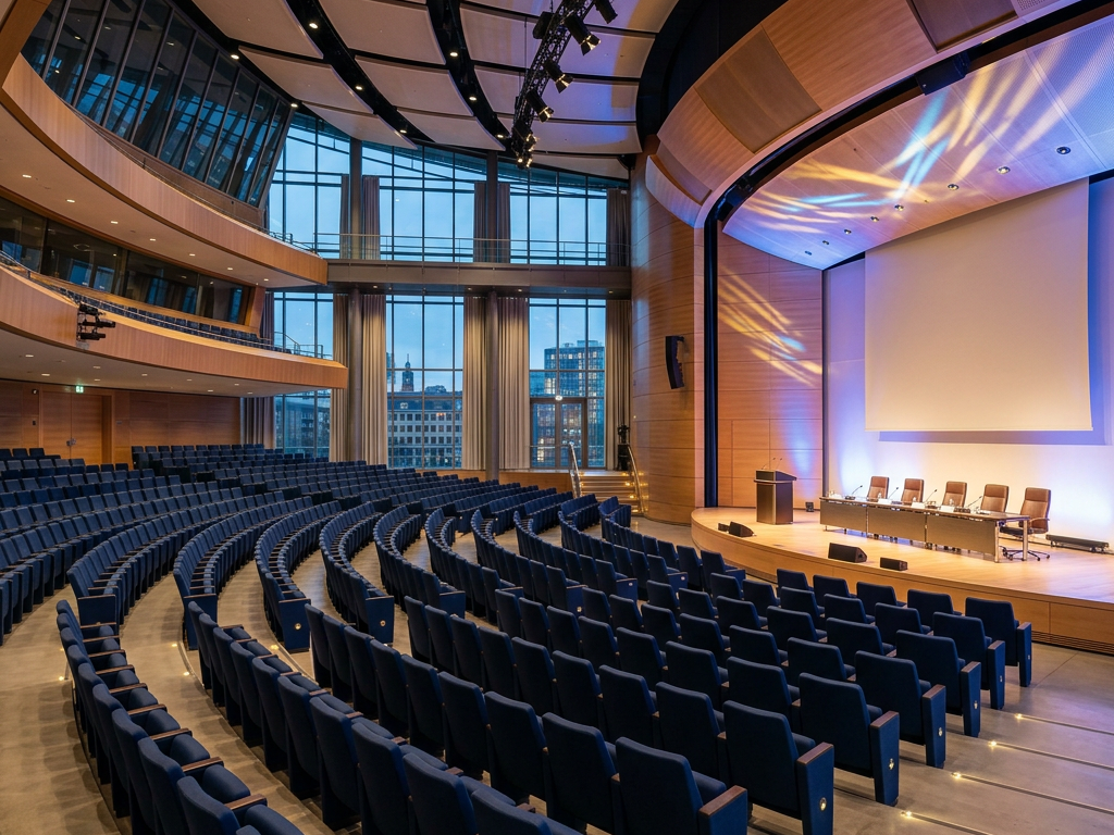 Modern auditorium with curved seating, stage, projection screen, and lighting