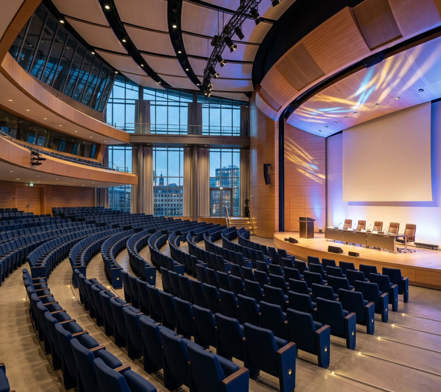 Modern auditorium with curved seating, stage, projection screen, and lighting